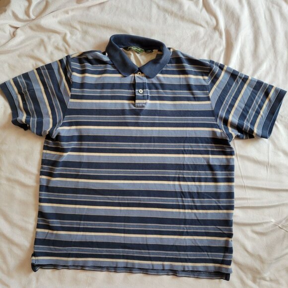 Eddie Bauer Mens Large Polo Shirt Navy Tan Striped Cotton Blend Casual Wear - Picture 1 of 3
